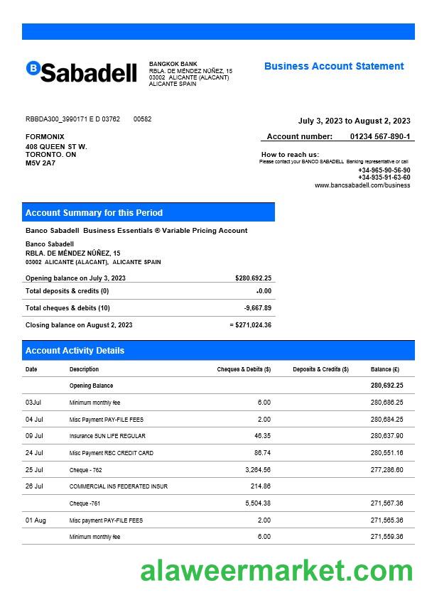 BANCO Sabadell firm statement Word and PDF template